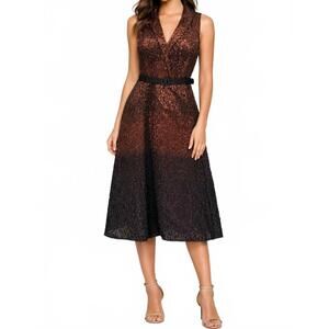 NEW KAY UNGER sleeveless ombré bronze midi dress in metallic brown
